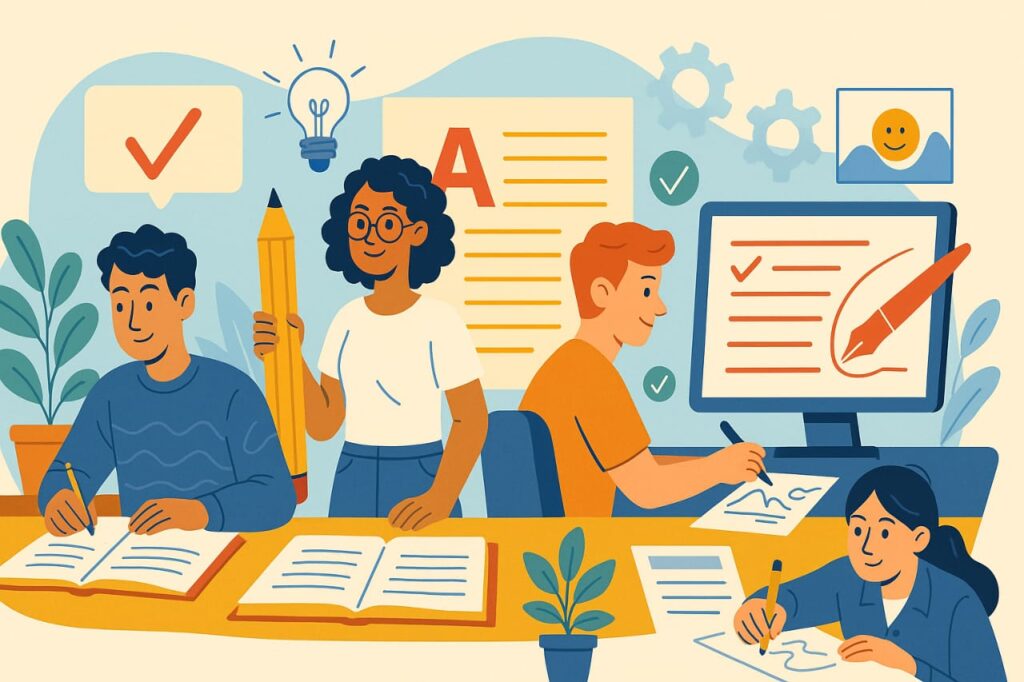 Educational consultants providing assignment help and academic writing services, illustrating students collaborating on projects and study materials